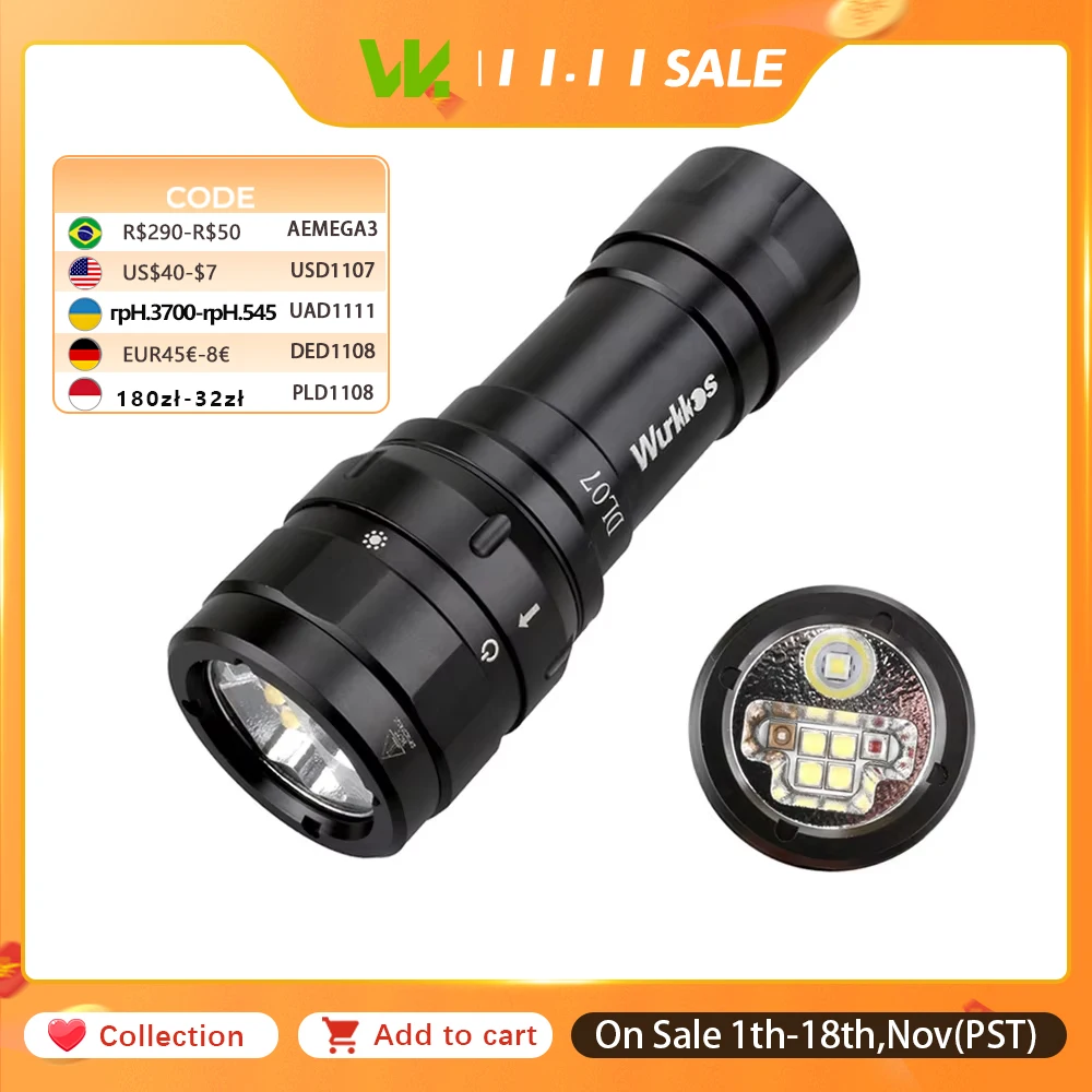 Wurkkos DL07 Diving Flashlight 5000K Multi-Color LED Rotary Switch Waterproof 26650 Battery + Single-Slot Charger