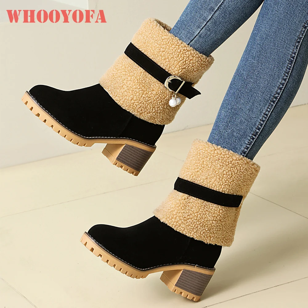 

2025 New Winter Fashion Black Yellow Women Mid Calf Boots 5cm High Block Heels Lady Dress Shoes Plus Big Size 43