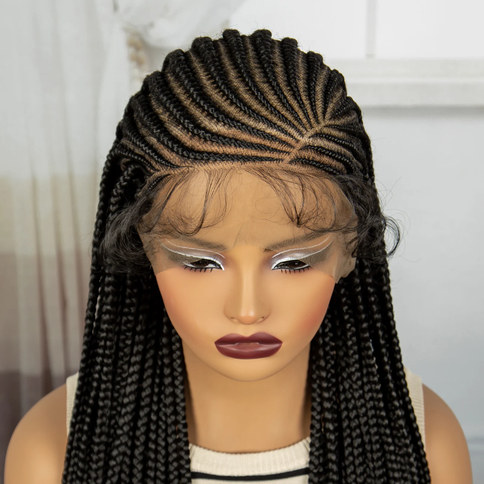 36inch Handmade Cornrow Braided Wigs Full Lace Braids Wig Synthetic Knotless Box Braided Lace Wig with Baby Hair For Black Women