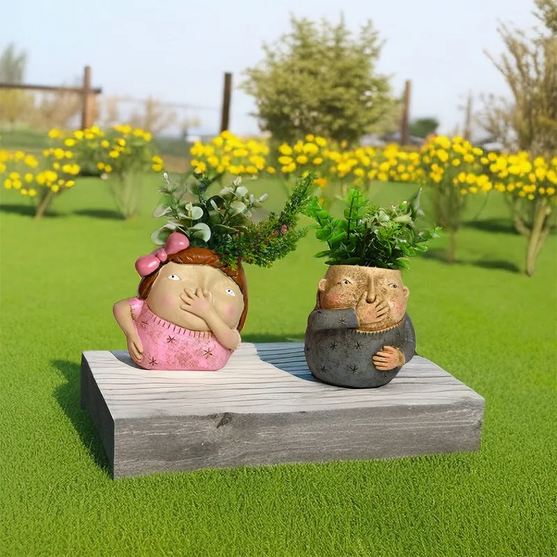 

Trendy Aesthetic Cartoon Boy & Girl Succulent Planter Resin Art Decor for Garden Home Adorable Instagram-Style Figurine Ornament