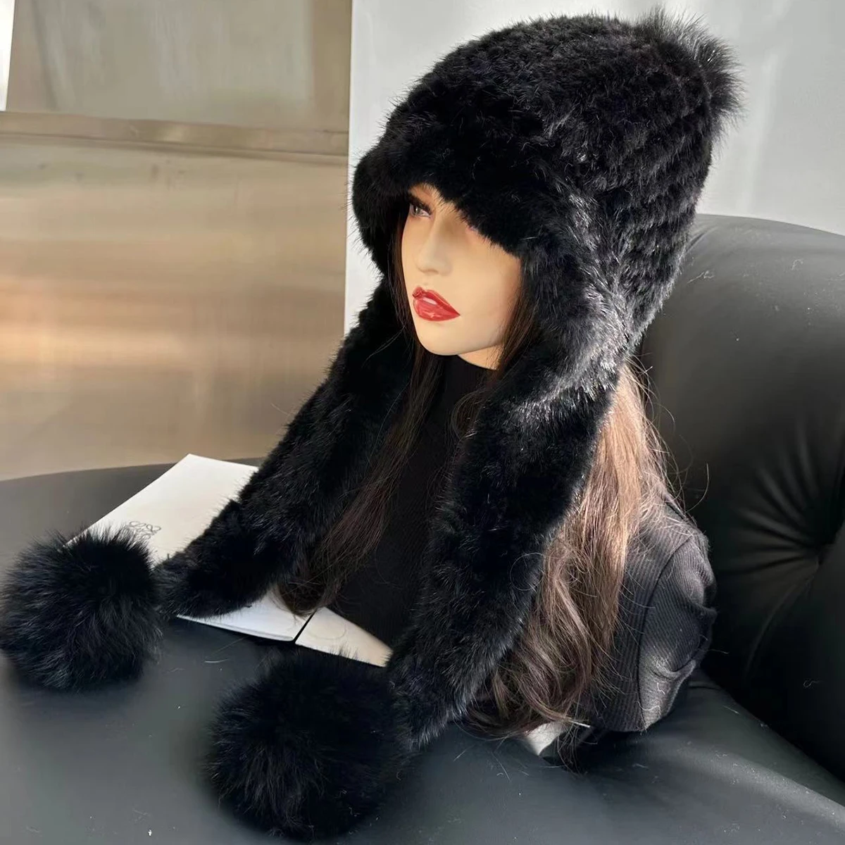 Chapeau en Fourrure de Vison 100% group pour Femme, Bonnet d'Hiver avec Pompons en Fourrure de Renard, Écharpe artificiel astique