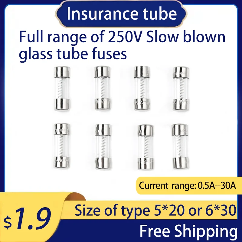 10PCS 5x20/6X30mm Slow Blow Glass Tube Fuse Multiple Current Specifications Can Mixed 0.5/1/23/4/5/6.3/10/15/20/30A