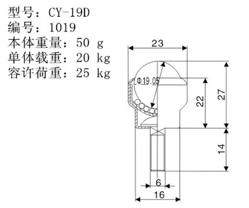 5PCS CY-19D M6 20kg Dia 19mm 3/4
