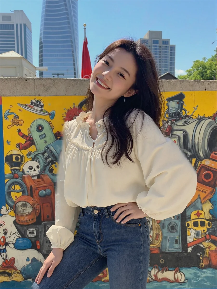 

Woman Shirt Single Breasted Korean Style Bow Tie Neck Front Knot Preppy College Student Sweet Cute Simple Harajuku Fashion Tops