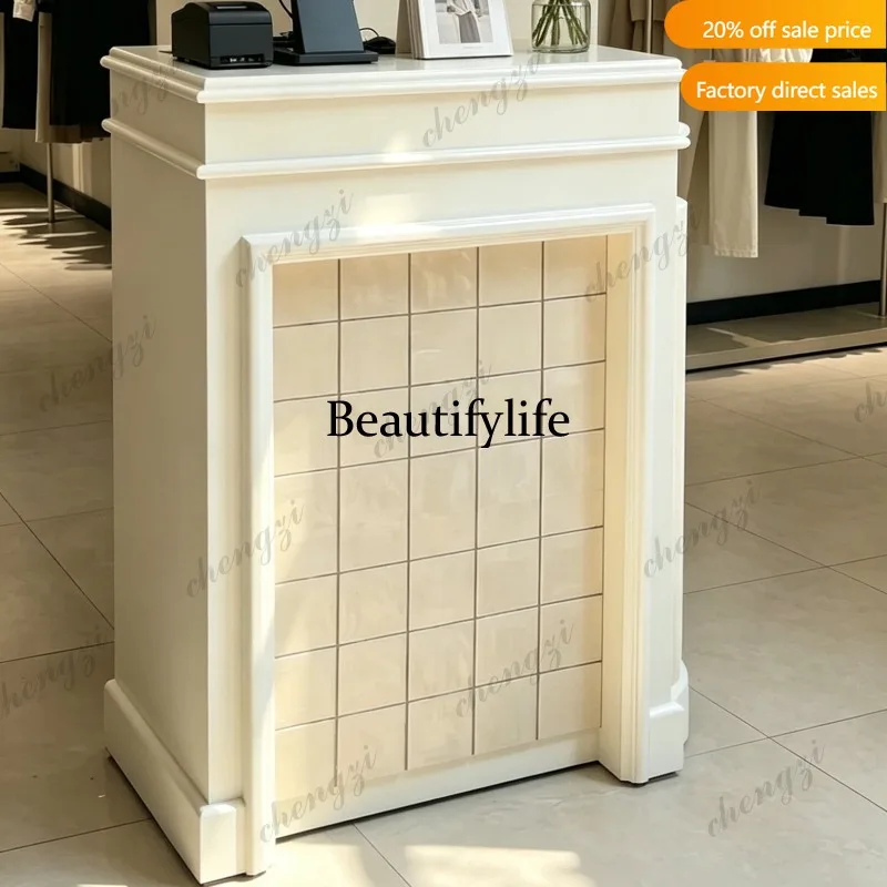 QQ Clothing store Small bar Premium checkout page French pearl glazed square brick front desk counter