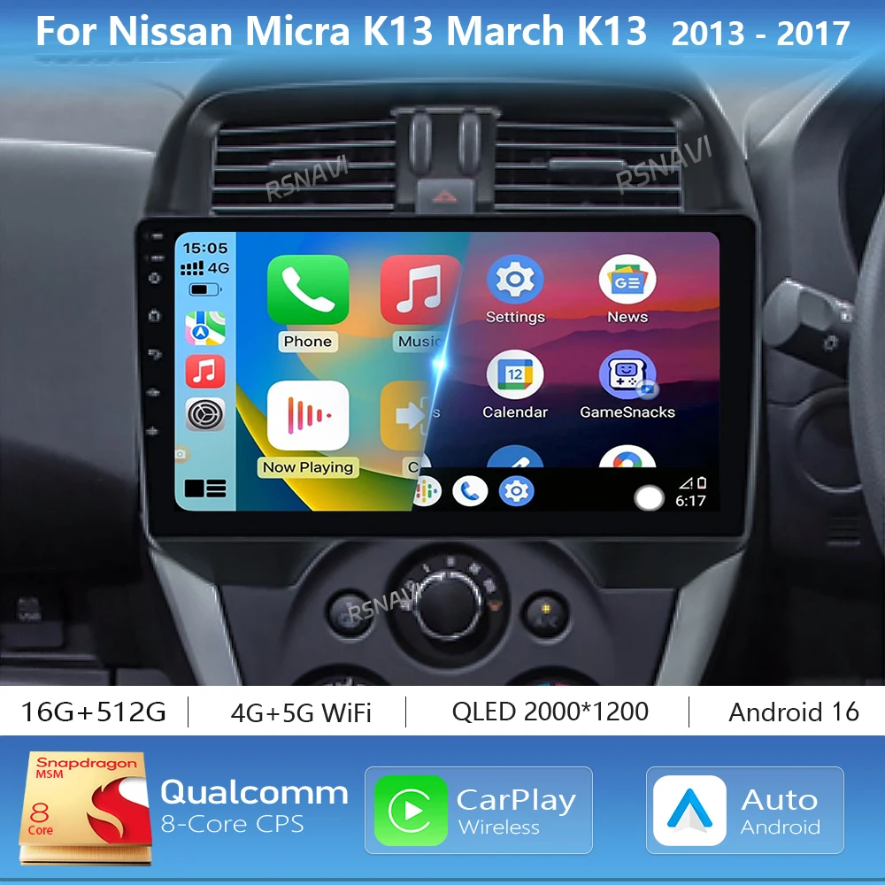Android 16 Carplay Auto 2K Screen Car Radio Multimedia Player For NISSAN MARCH MICRA 2010-2017 Autoradio Stereo 2din Head Unit