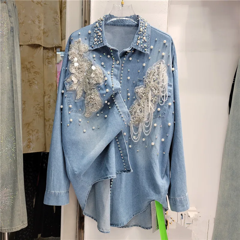 2025 Spring Heavy Industry Flower Denim Shirt Women Loose Lapel Collar Single Row Button Casual Nail Bead Cardigan Coats
