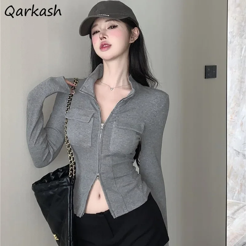 

T-shirts Women Zipper Niche Basic All-match Skinny Korean Style Ins High Street Spring Autumn Fashion Designed New