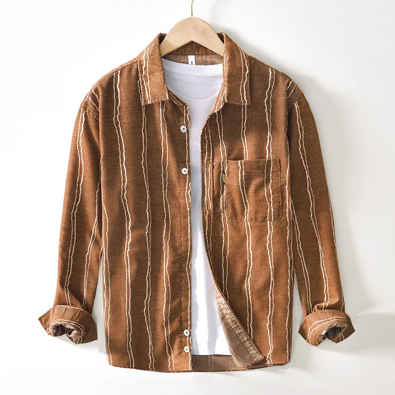 

Slim Fit Long Sve Striped Design Men's irt Autumn New Sle Japanese Retro Loose Casual irt Haome Trendy Youth ular