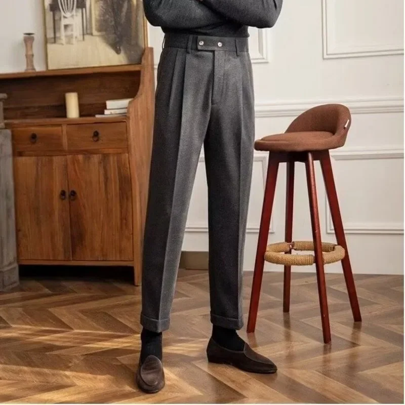 Autumn Winter Thick Tweed Suit Trousers Men's Slim Straight Casual Trousers Business Gentleman High-waisted Suit Trousers Chic