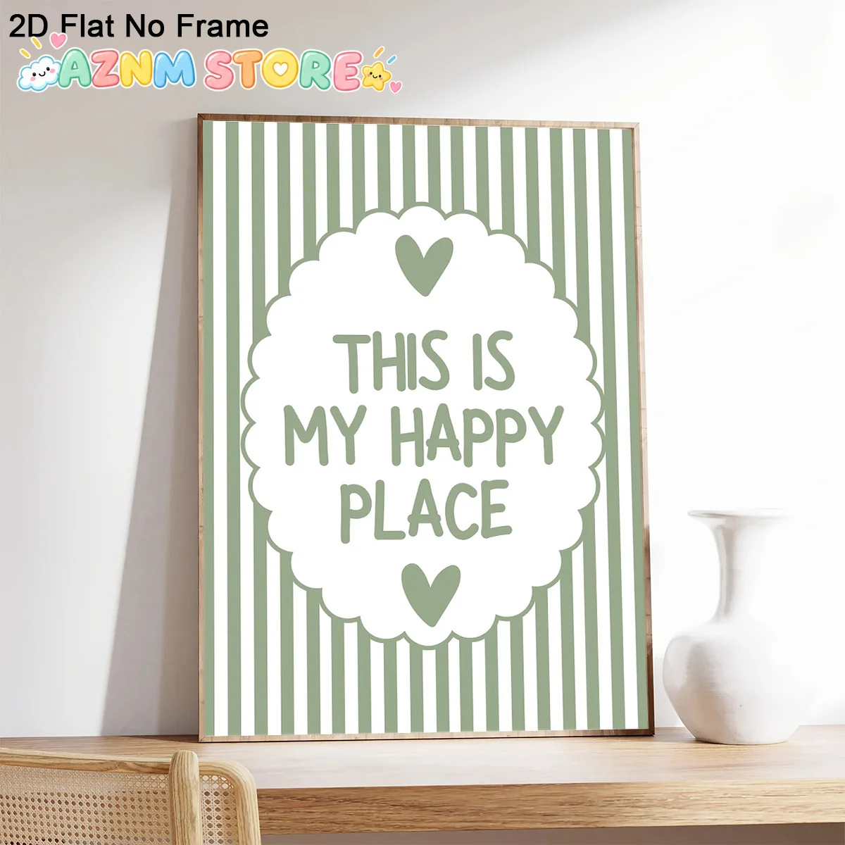 1PC 2D Flat  Frameless Canvas Poster, This Is My Happy Place with Heart Illustration, Striped Background, Motivational Quote,