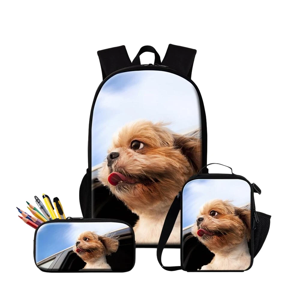 Pug anjing lucu 3 buah/Set ransel gambar hewan 3D tas sekolah untuk Remaja Mahasiswa kotak makan siang tas pensil ransel anak-anak