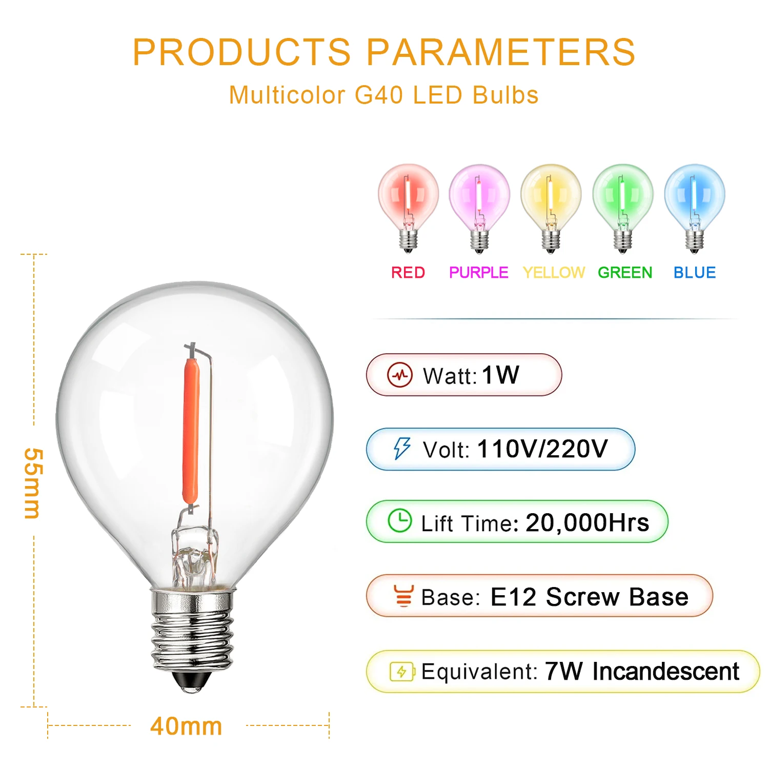 25Pack Globe Glass RGB Led Filament Light Bulb Multicolor Dimmable E12 Base G40 String Light Replacement Bulb Home Outdoor Decor