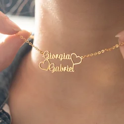 Custom Couple Name Hearts Necklace Women Girl Jewelry Personalized Gold Color Stainless Steel Double Nameplate Pendant Necklace
