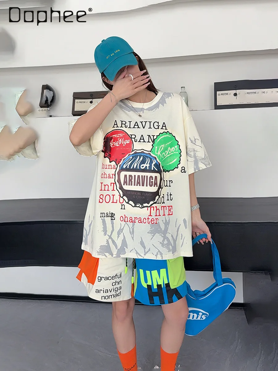 

2025 Summer Fashion Cartoon Pattern T-shirt and Shorts Two-piece Sets Women's Outfits Graffiti Trend Splicing Casual Suit