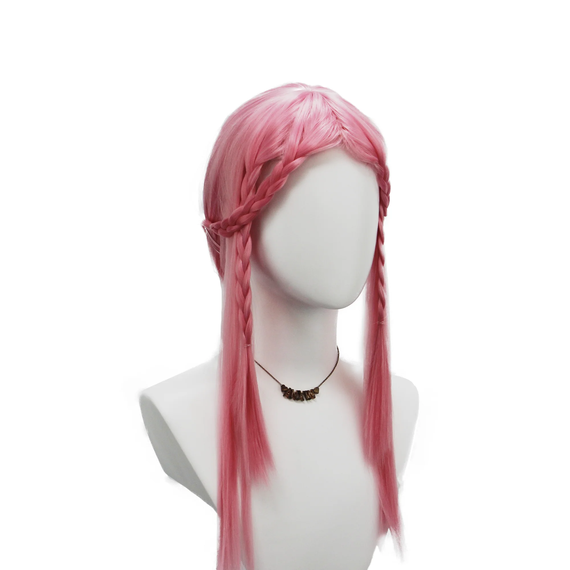 Pink anime cosplay long straight hair with side-swept bangs two small pink braids and two teardrop-shaped hairpins easy to style