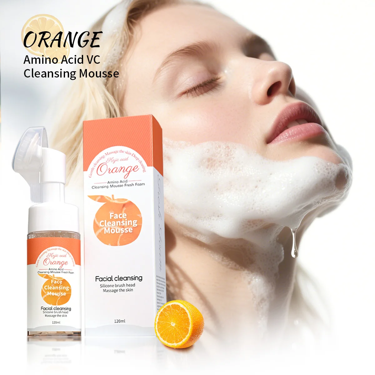 Vc Orange Cleansing Mousse, Silicone Soft Brush Head Cleanses Face, Natural Ingredients Gently Moisturize Skin