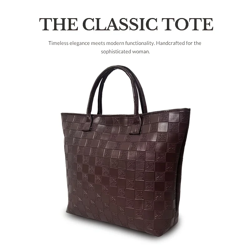 Light Luxury Deep Brown Quilted Pattern Women's Tote Bag, Large Capacity Women's Vintage Woven Style Commuter Handbag - view 6