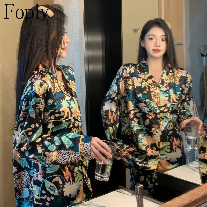 Pajama Set for Women Satin Long-sleeved Homewear Suit Printed High-grade Ice Silk Can Be Worn Outside Home Wear Pajama Sleepwear