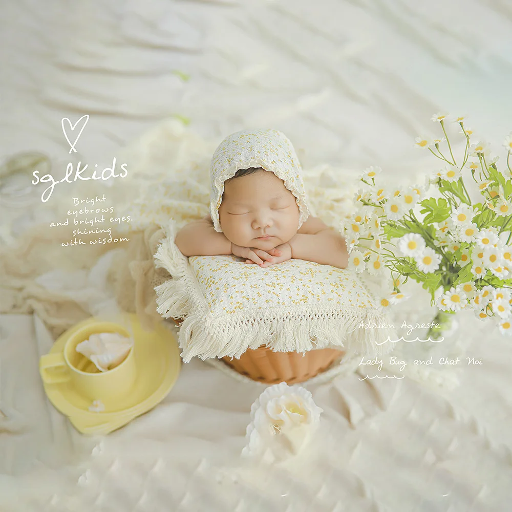 Newborn Girls Clothes Pretty Floral Dress Hat Lace Headscarf Newborn Photography Outfits Pillow Background Blanket Studio Props