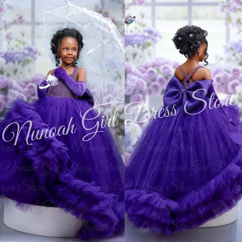 

Фиолетовые платья для девочек-цветочниц на свадьбу с бантом, кружевное платье без рукавов для девочек для фотосессии, платья для первого причастия по индивидуальному заказу