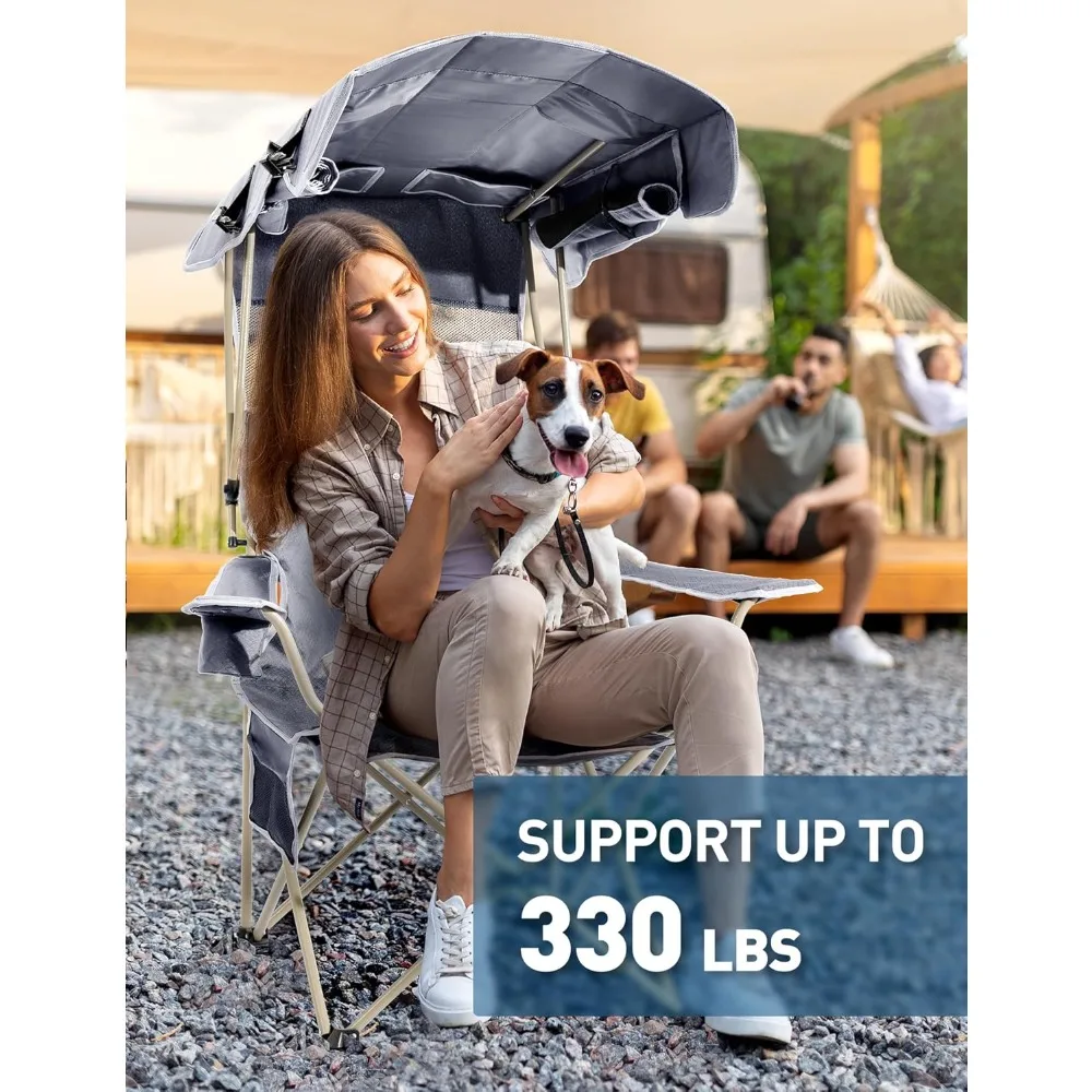 كرسي الشاطئ مع مظلة، كرسي تخييم قابل للطي مع مظلة مع حامل أكواب، جيب جانبي للتخييم، الشاطئ، الباب الخلفي
