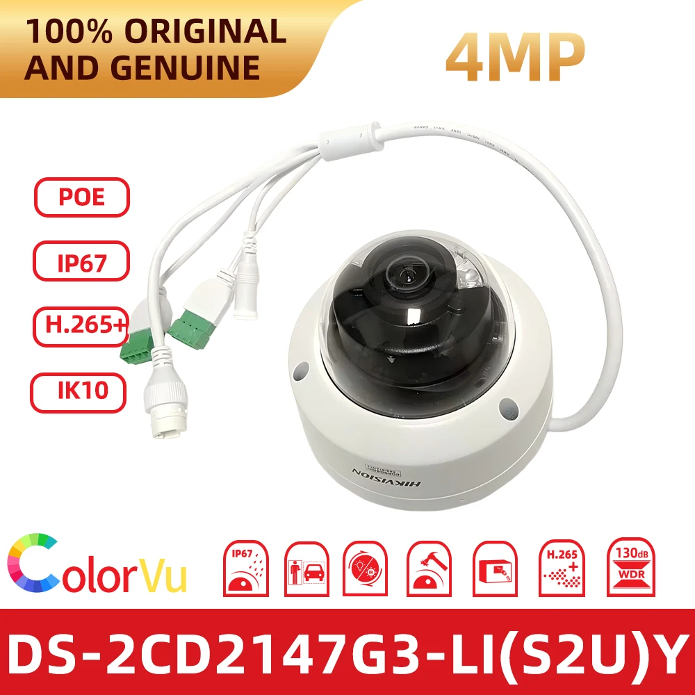 Hikvision DS-2CD2147G3-LI(S2U)Y 4MP ColorVu 3.0 Dome Camera Dual Microphone AcuSense Human Vehicle Detection PoE IP67 IK10 Outdo