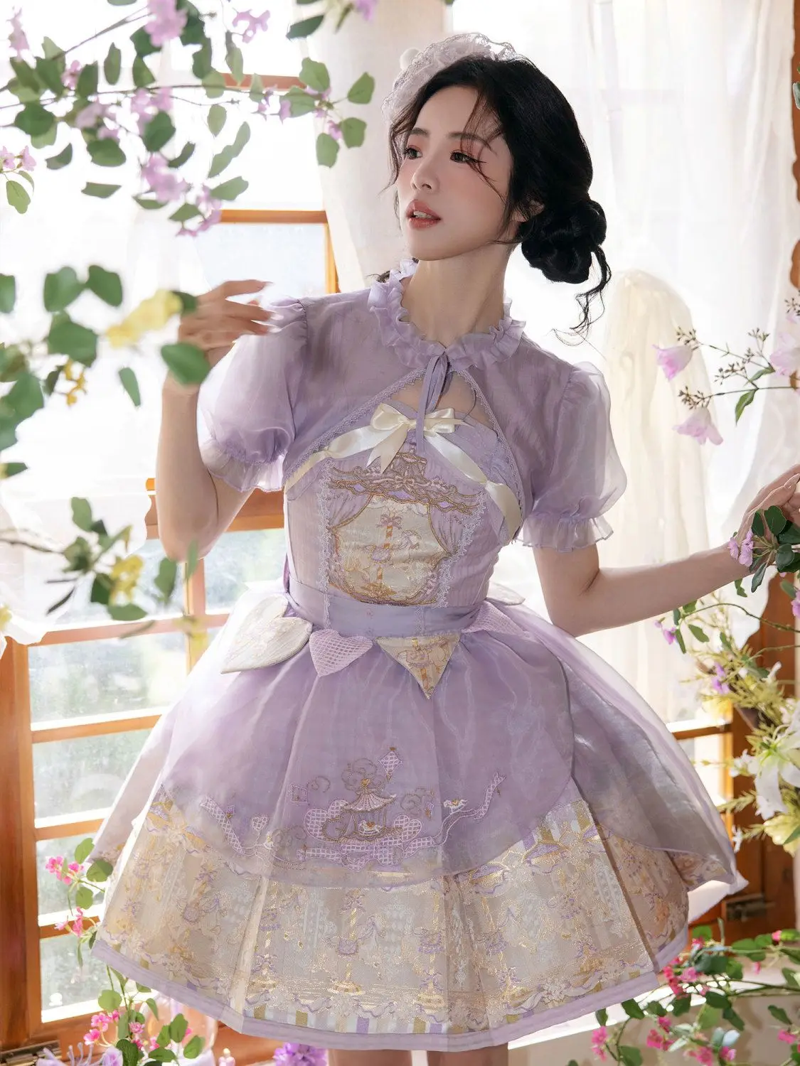 Coalfell【 Carousel 】 Weaving Gold Strap Skirt Short Sleeve Bubble Sleeve LO Han Element Girl Sweet Hanfu Set