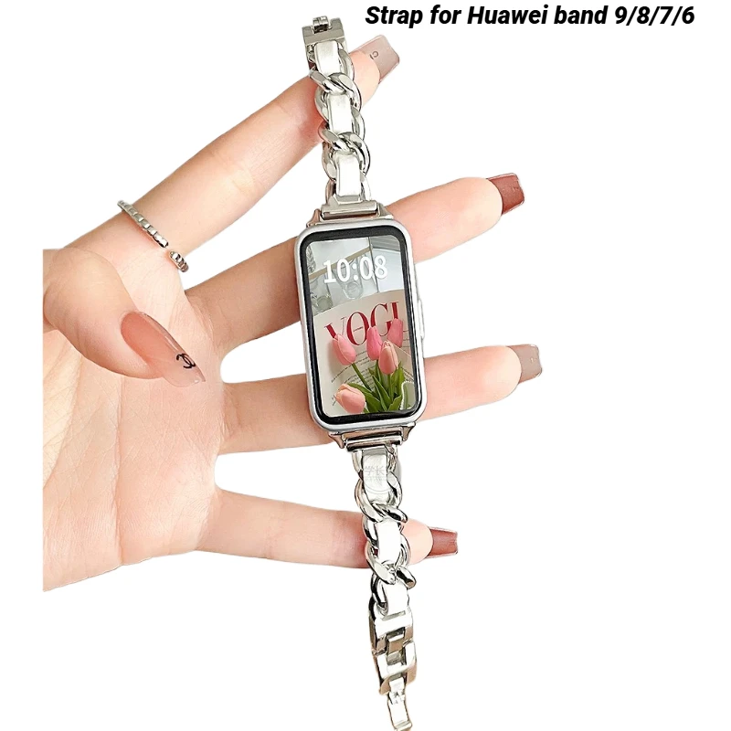 

Metal Strap For Huawei band 9 Leather Correa Bracelet Stainless steel Sport Belt Watchband For Huawei band 8/7/6 Woman Wristband