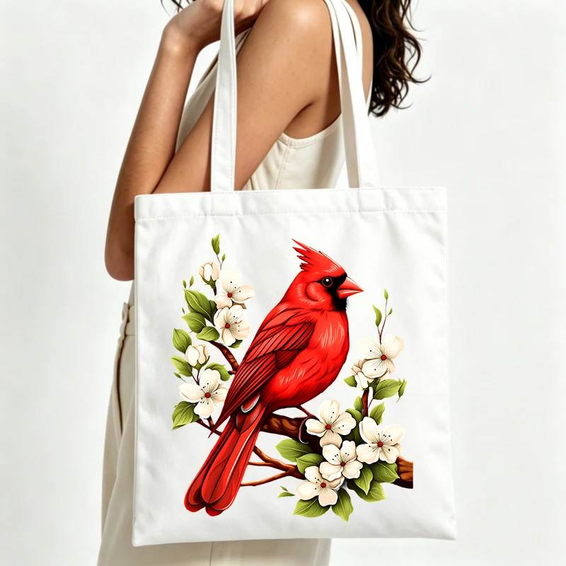 cardinal bird and white flower print canvas tote bag, casual style for daily shopping and outdoor outings