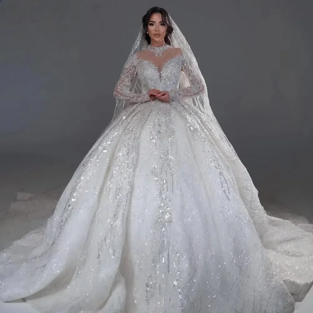Customiz Vestido De Novia High Neck Ball Gown Wedding Dress Long Sleeve Heavy Beaded Sequin Appliques Bridal Gown Corset Back
