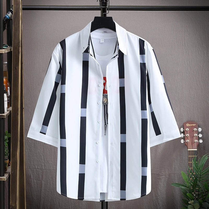 High Quality 2024 Summer New Men's Striped Shirts Outwear Tops Tees Business Casual Slim Fit Blouses Three Quarter Sleeve Shirt image 4