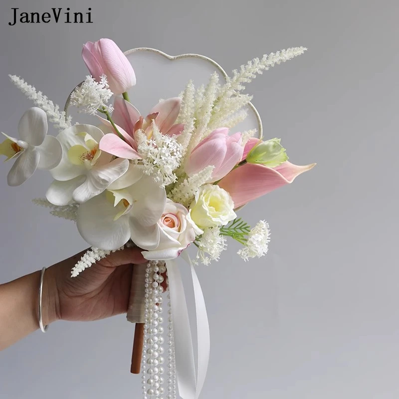 JaneVini Elegant Pink Tulip Bridal Bouquets Fan Wedding Accessories Artificial Silk Flowers Chinese Bouquet Fan Photography Prop