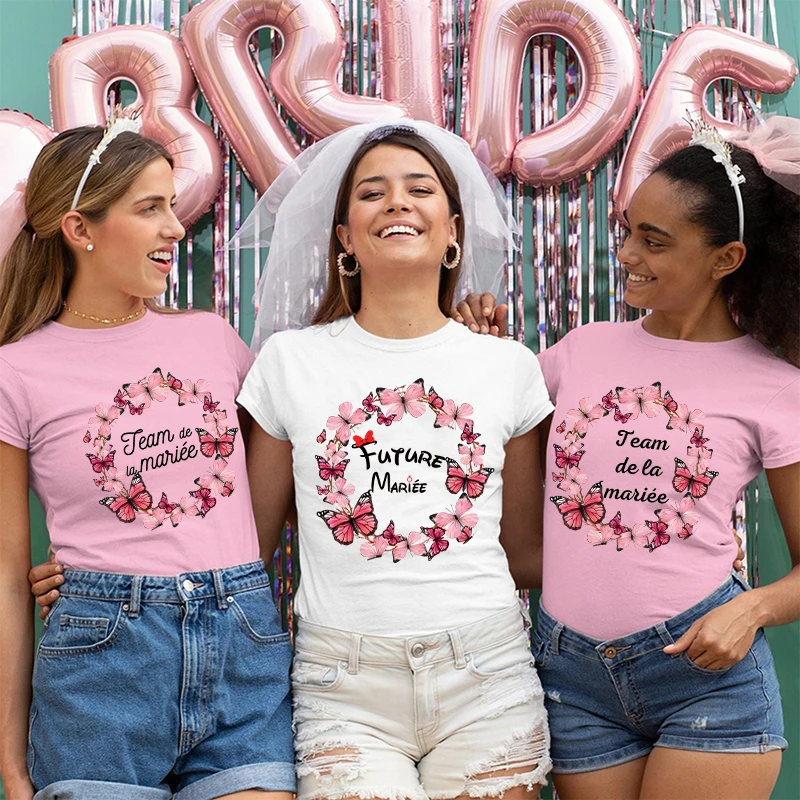 Team Bride T-Shirt Bachelorette Hen Bridal Wedding Party Tops Bridesmaid Tshirt French Women Evjf Future Bride Flower Crown Tees