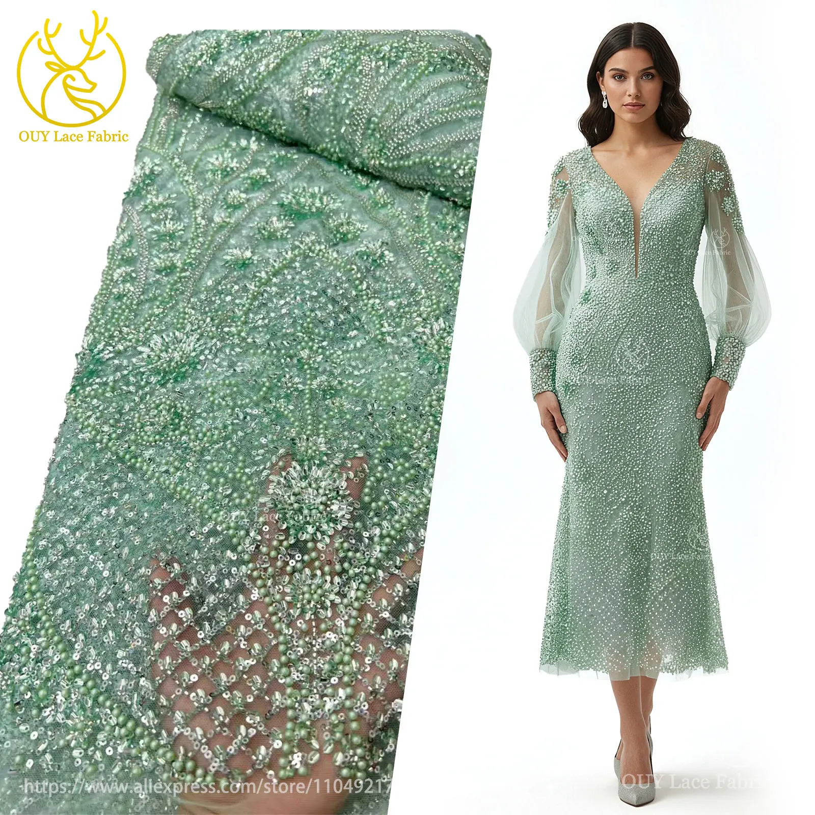 

African Beaded Lace Fabric 2026 High-Quality French Sequined Bridal Embroidered Lace Dress Fabric Suitable for Party Sewing