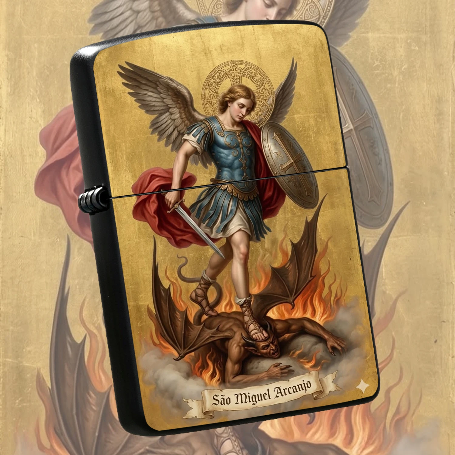 Vintage St Archangel Printed Windproof Golden Religious Theme Collectible Exquisite Portable Men Durable Ideal Gift For Devotees Daily Use A Fun And Humorous Lighter
