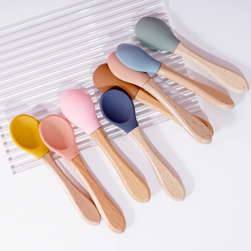 Feeding Wooden Handle Silicone Spoon For Baby Utensils Eat Soild Food Kids Training Manipulative Ability Children\'s Tableware