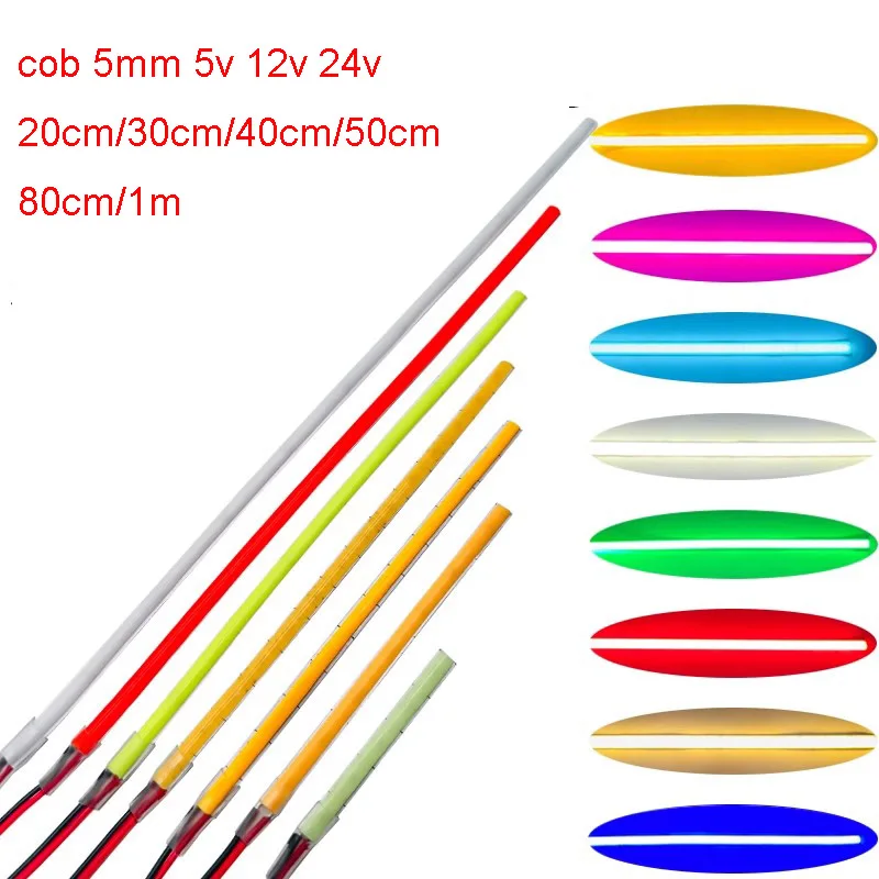 10pcs 20cm 30cm 50cm 80cm 1m 5m 5mm COB LED Soft Tape 5V 12V 24V Orange Amber 1800k Flexible Strip 3000K Natur White 4000K 6000K