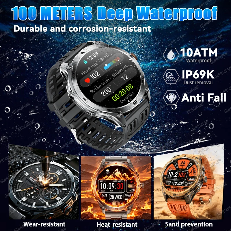 2026 새로운 울트라 밀리터리 그레이드 1000mAh 배터리 스마트 워치 10ATM 방수 GPS 나침반 HD 통화 1.73인치 AMOLED 170+스포츠 스마…