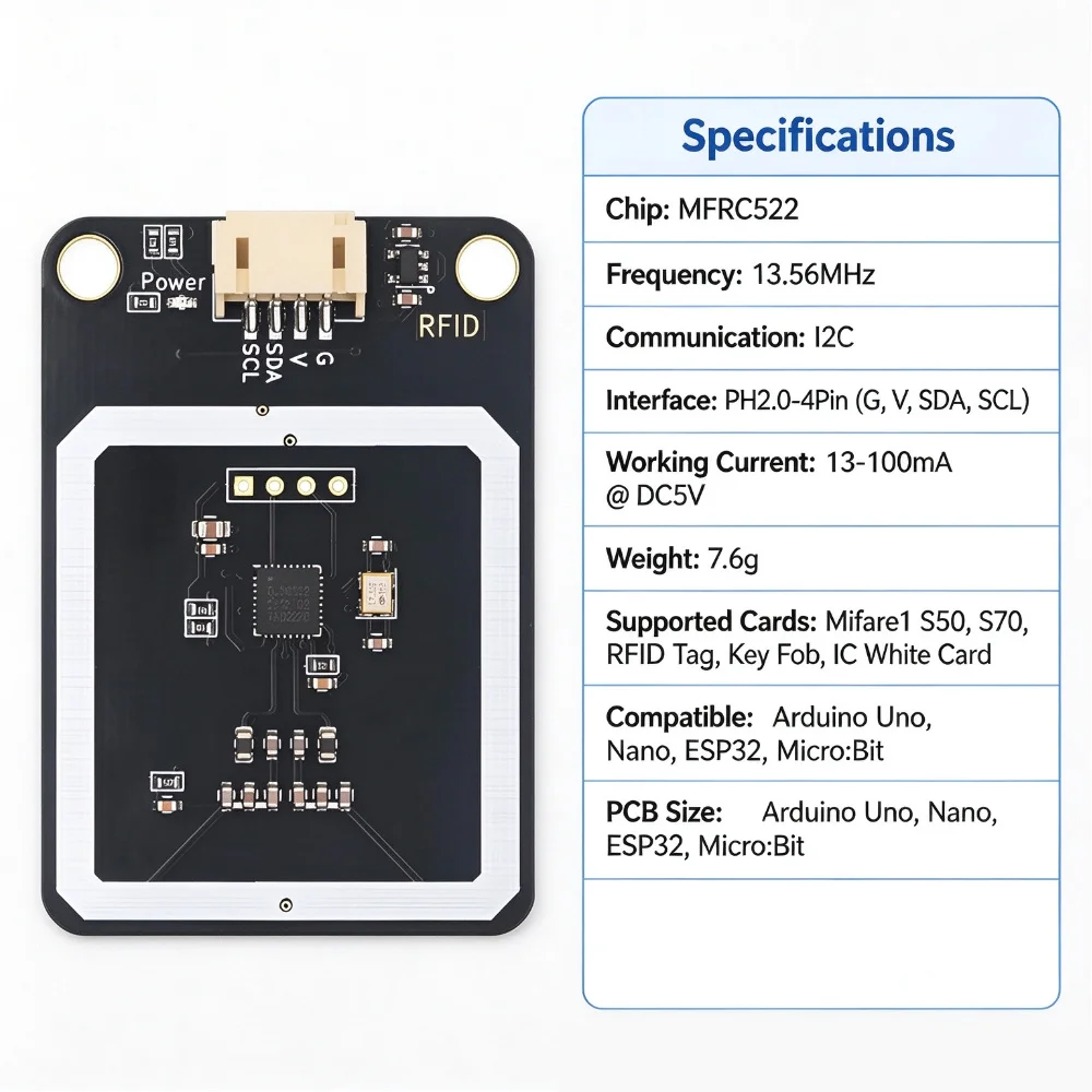 MFRC522 I2C RFID Module 13.56MHz IC Card Reader Writer PH2.0‑4Pin For Arduino ESP32 Micro:Bit Access Control DIY Project`