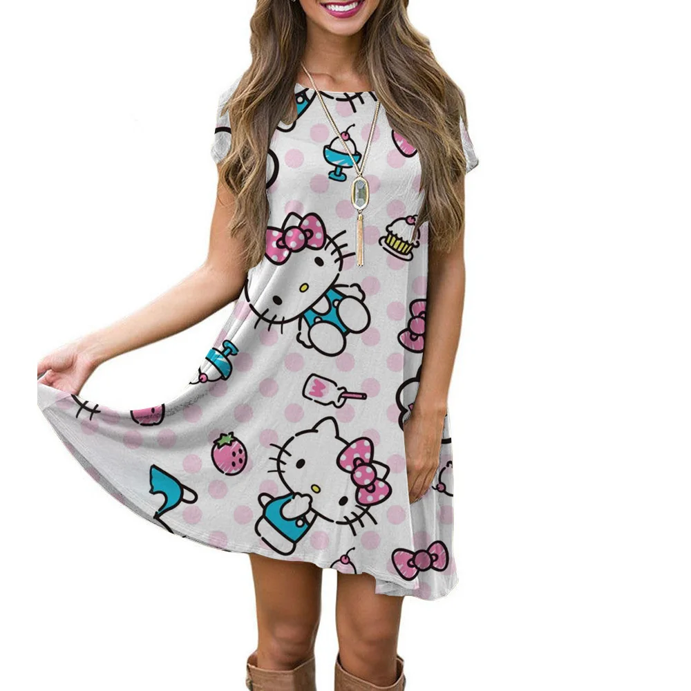 2025 새로운 한국어 스타일 플러스 사이즈 헬로 키티 프린트 티셔츠 여성 여름 루즈핏 배꼽 커버 학생 드레스 ﻿