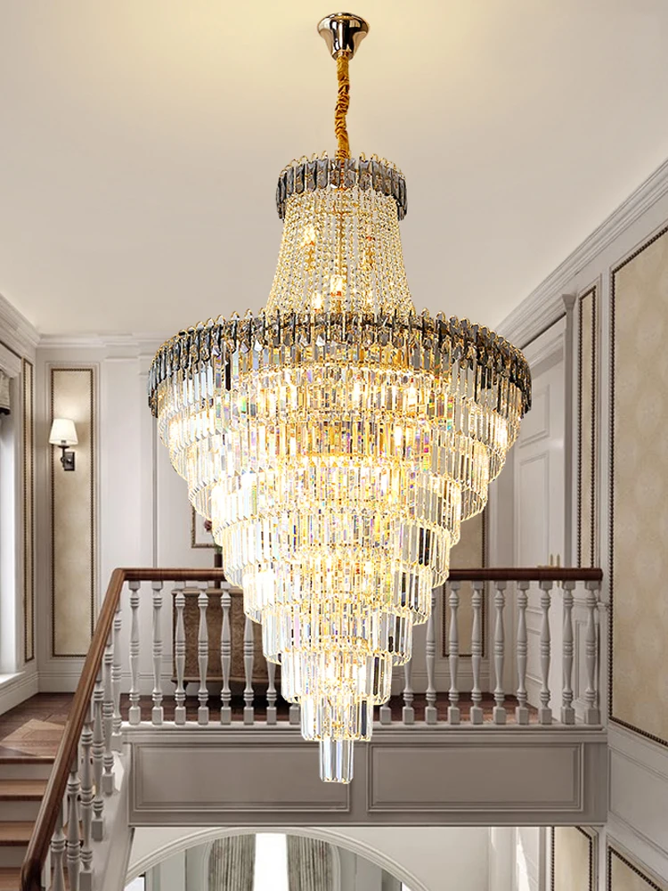 

Duplex Building Loft Living Room Crystal Chandelier Villa Mid Floor Cantilevered Hollow Mezzanine Staircase 2025 New Light Luxur