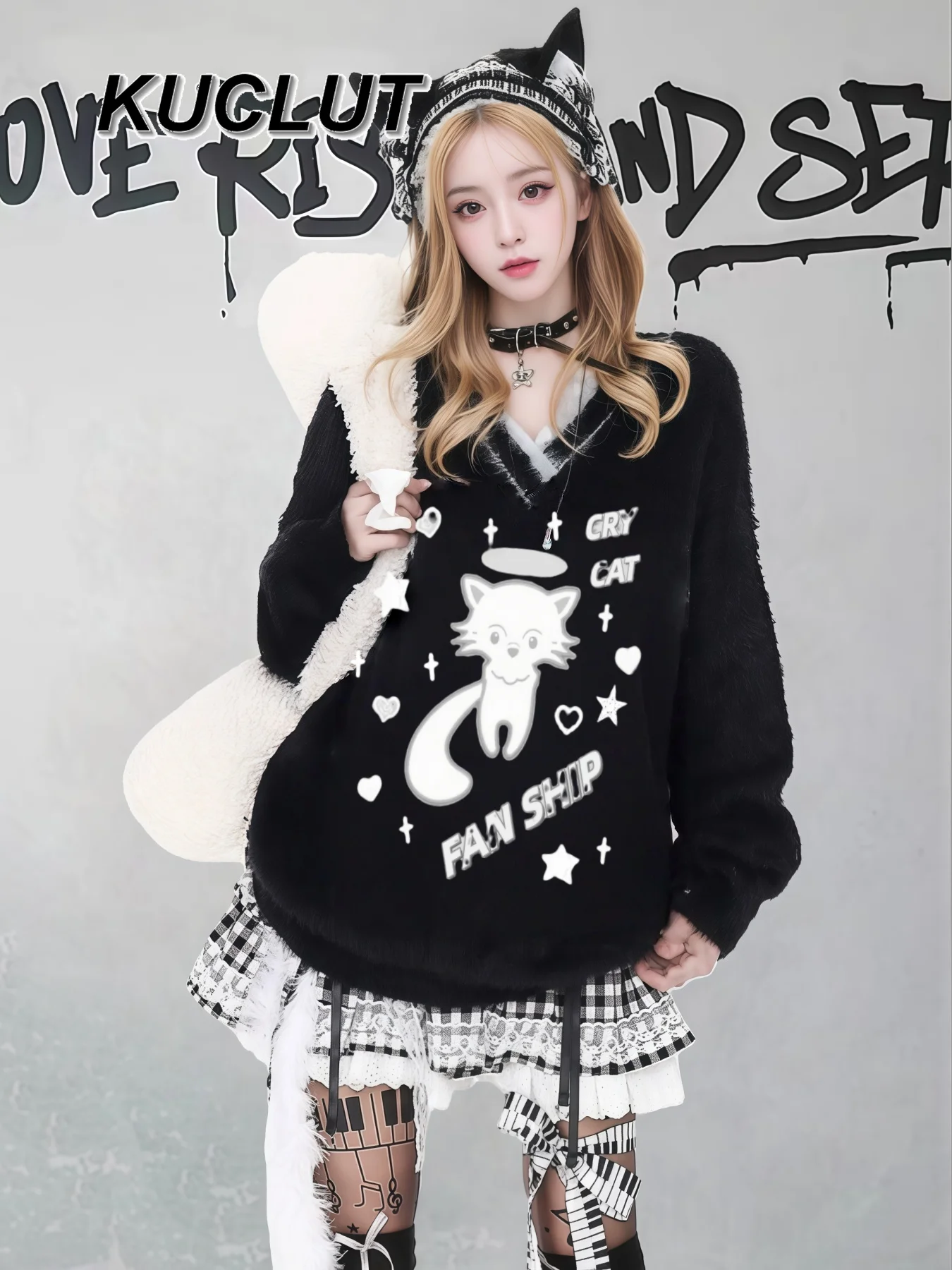 

Свободный женский вязаный топ в стиле Y2K, модный субкультура, милый крутой свитер с v-образным вырезом для женщин, осенне-зимний пуловер, свитера