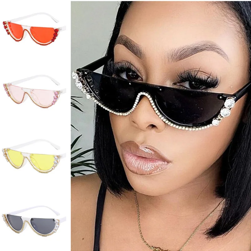 

Fashion Sunglasses Women Semi-Rimless Sun Glasses Diamond Rimmed Adumbral Anti-UV Spectacles Eyeglasses Semicircle Ornamental