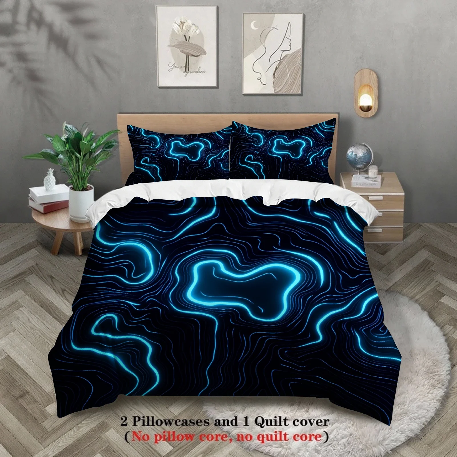 

Комплект постельного белья с неоновым геометрическим абстрактным узором в стиле киберпанк, футуристический геометрический арт-декор для спальни