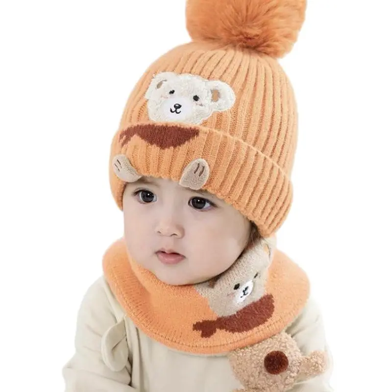 Doitbest Baby Kids Beanie Sets Cute Cartoon Bear 2 pcs 2022 Boys Girls Winter Villus Hat Scarf Set Age for 1 to 4 Years old Kid