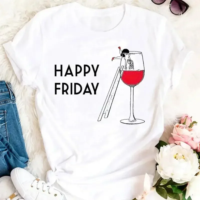 

Happy Friday Wine Glass T Shirt Women Harajuku Graphic Tees Shirt Tshirt Femme Women's T-Shirt Female Tshirt Women Clothing