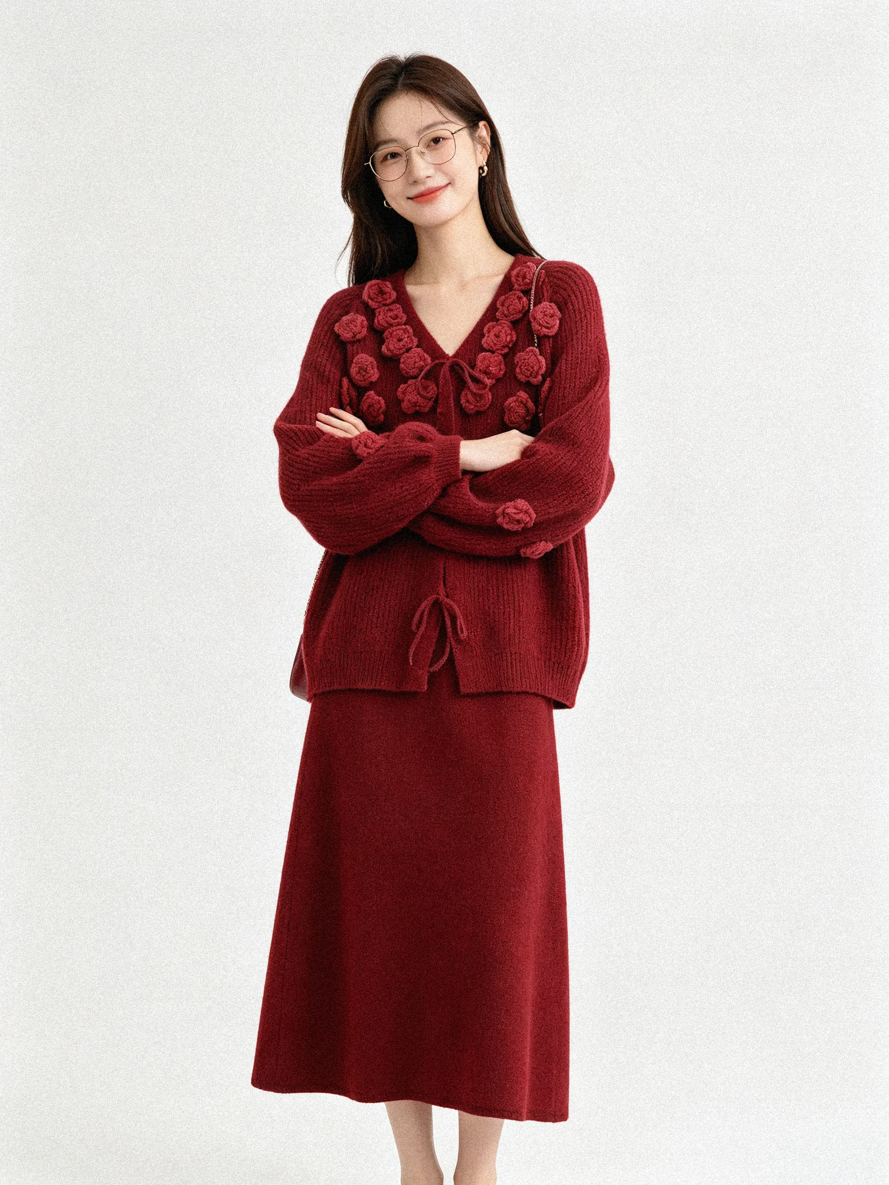 Autumn Winter Red 3D Flower Knitted Open Cardigan High End Beautiful New Year Set Soft Elegance Half Skirt Fashionable Women'...