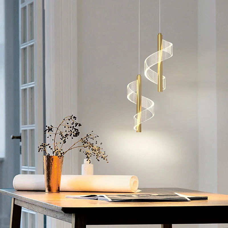 

Nordic Modern LED Chandeliers Twist Light Acrylic Gold Kitchen Island Pendant Lamp Living Room Loft Spiral Stairs Hanging Lamps