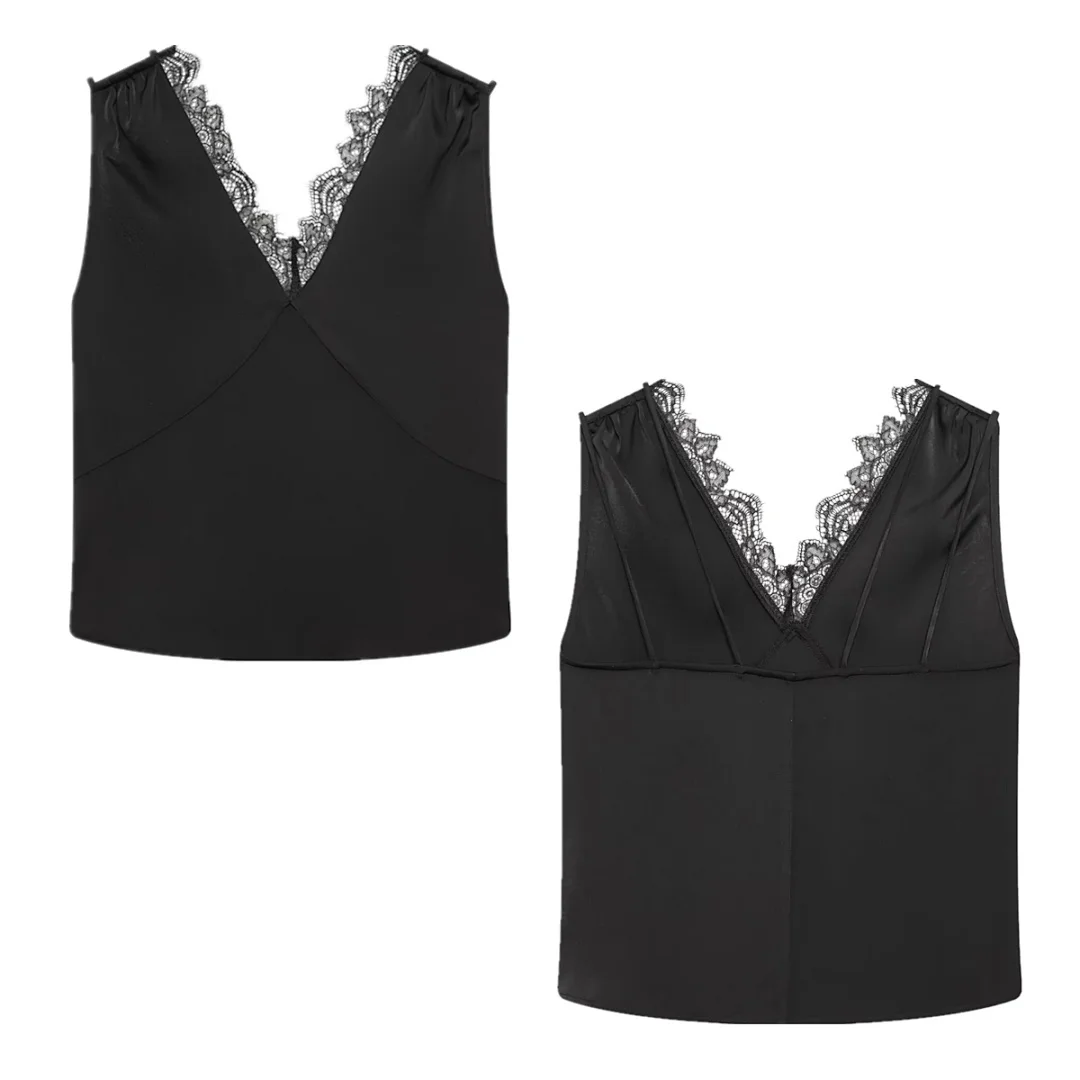 

Jenny&Dave French Office Ladies Elegant Black Shirt Lace Satin Blouse Summer Shirts & Blouses Women's Clothes Shirts Tops